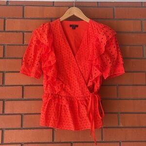 J. CREW Women's Red Eyelet Short Sleeve  Wrap Blouse Top Size XS